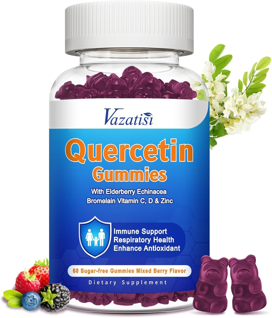 Quercetin with Bromelain Gummies, Quercetin 1200MG with Vitamin C Zinc & Elderberry for Immune System & Allergy, Chewable & Vegan Gummies, 60 Cts