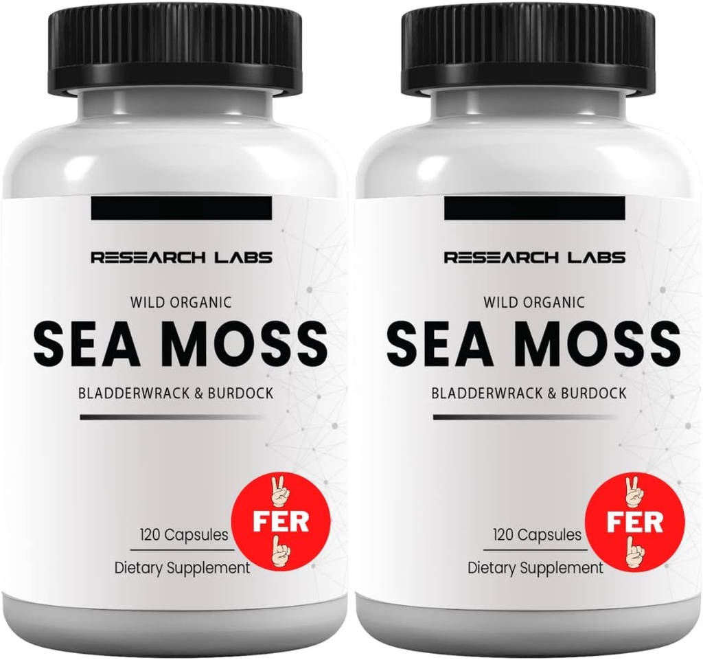 Research Labs 2 Fer 1 Ad Organic Irish Sea Moss Capsules 240 Total Pills, Raw Wildcrafted Seamoss Enhanced w/Bladderwrack & Burdock Root Antioxidant Powerhouse. Thyroid Support