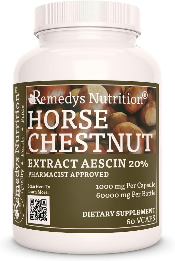 Remedy's nutrition Horse Chestnut Extract Aescin 20% - 1,000mg, 60 Vegan Capsules Herbal Dietary Supplement - 2 Month Supply