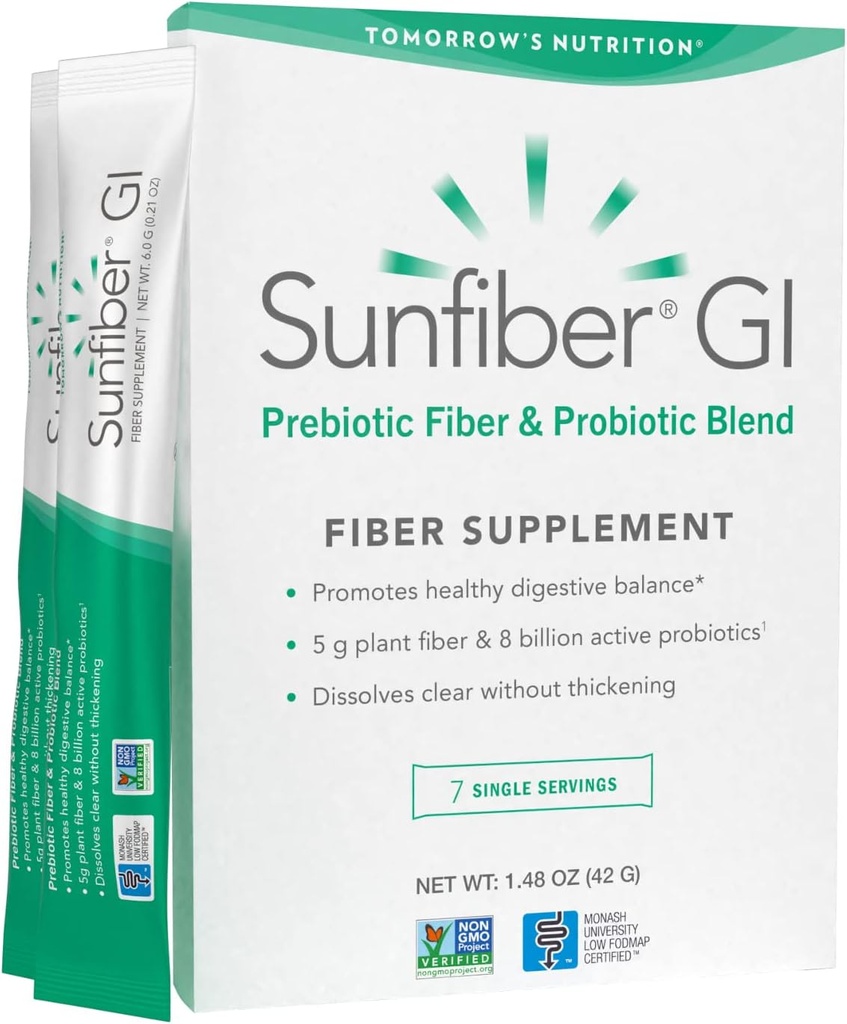 Tomorrow's Nutrition Sunfiber GI 7-Day Kit, Prebiotic Fiber & Probiotics, 5g Prebiotic Fiber & 8 Billion Probiotics Per Serving, Low FODMAP, 7 Packets, Unflavored