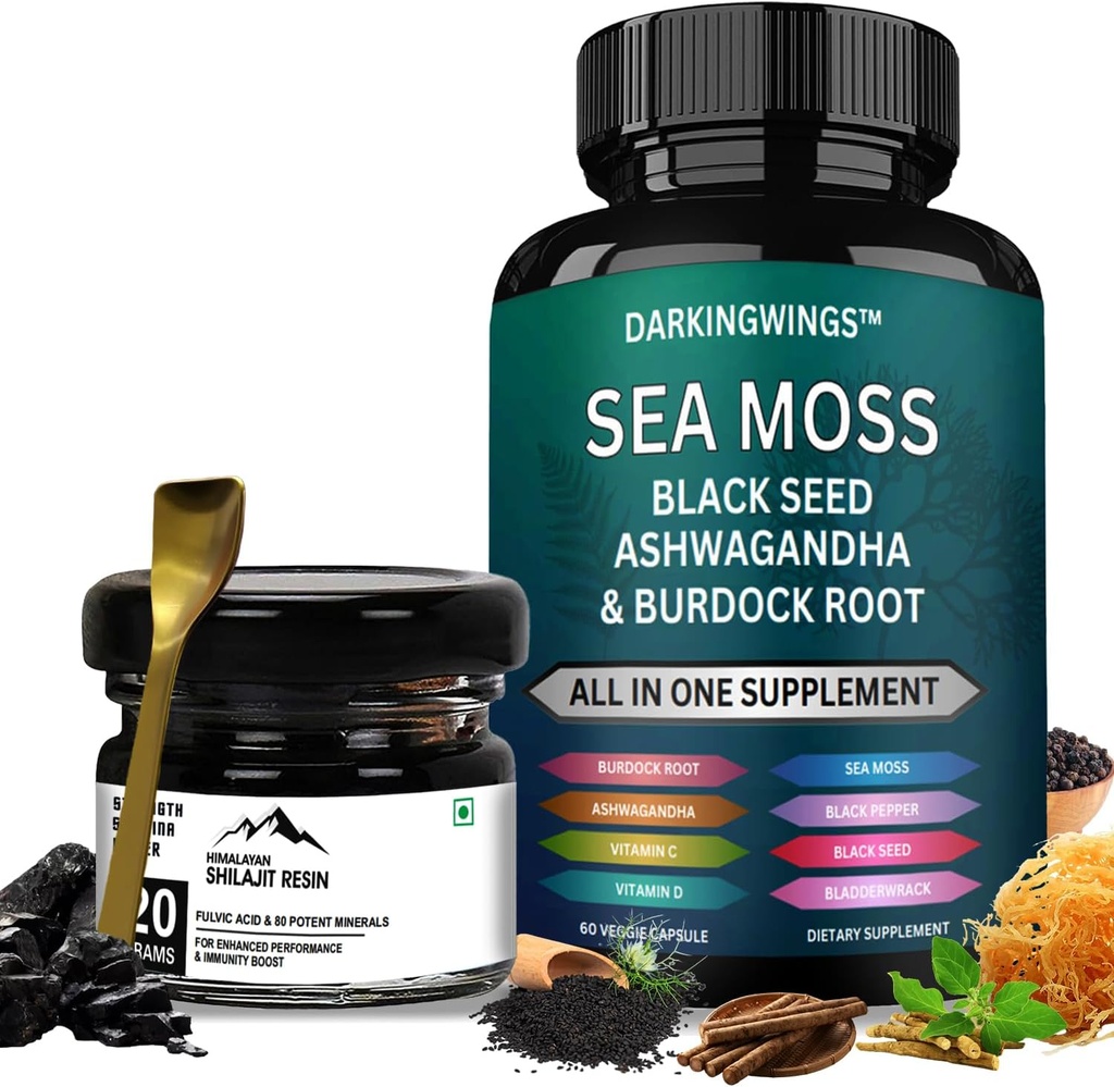 Sea Moss and Shilajit Bundle with Pure Shilajeet Resin & Moss Capsules – Irish Sea Moss with Black Seed Oil, Ashwagandha, Burdock, Black Pepper & Gold Grade Shilajit for General Wellness