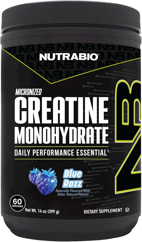 NutraBio Pure Micronized Creatine Monohydrate Powder Supplement, Blue Razz (300 g) - Supports Bulk Muscle Energy, Recovery, and Strength - HPLC Tested Creatine Powder Supplement for Men and Women