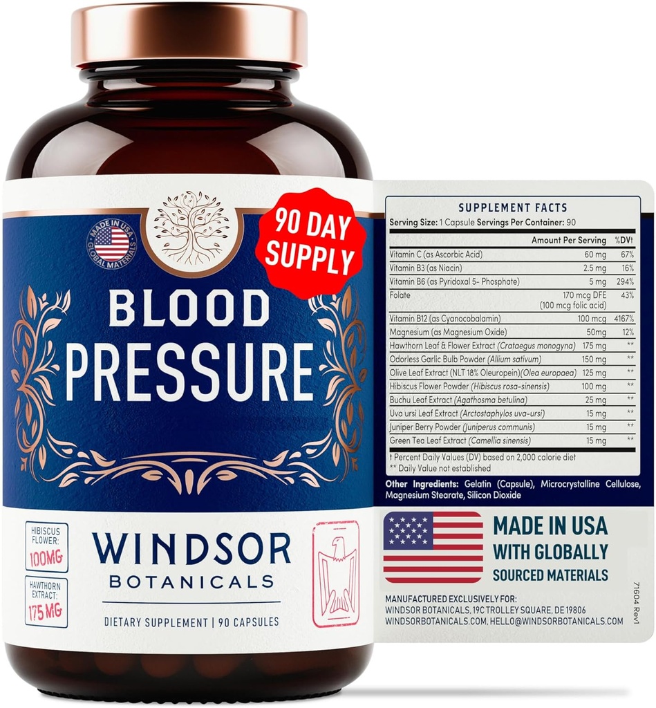 Blood Pressure Support Supplement - Green Tea, Hibiscus, Hawthorn, Garlic - Blood Pressure Vitamin, Mineral and Activated Naturals - 3 Month Supply, 90 Capsules