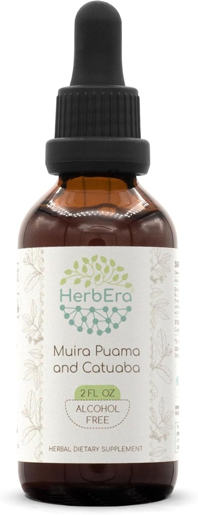 HerbEra Muira Puama and Catuaba B60 Alcohol-Free Herbal Extract Tincture, Concentrated Liquid Drops Natural (Ptychopetalum Olacoides and Trichilia catigua, Erythroxylum vacciniifolium) 2 fl oz