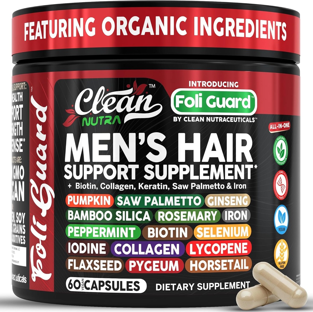 Hair Growth Supplement For Men | Biotin Hair Vitamins Collagen Pumpkin Seed Saw Palmetto Iron Ginseng Bamboo Silica Rosemary Peppermint Keratin Selenium Iodine Flaxseed Horsetail Vitamin A C D3 E B12