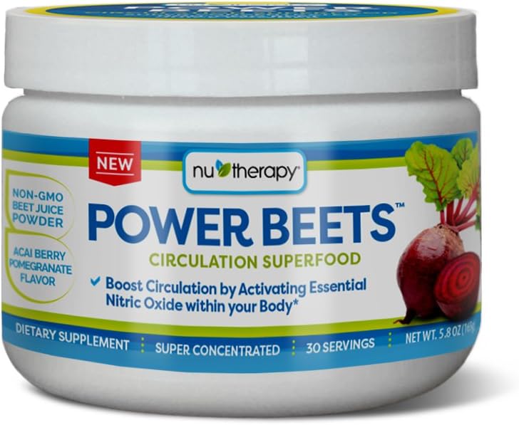 Nu-Therapy Power Beets - Super Concentrated Circulation Superfood - Dietary Supplement – Delicious Acai Berry Pomegranate Flavor – Non-GMO Beet Juice Powder - 30 Servings, red, 5.8 Ounce (Pack of 1)