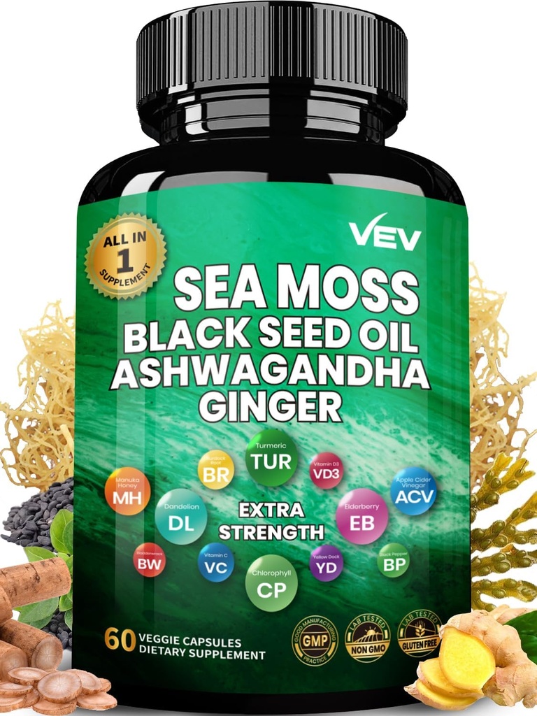 VEV Irish Sea Moss, Ashwagandha, Burdock, Black Seed Oil, Multi Minerals - 30+30Capsules