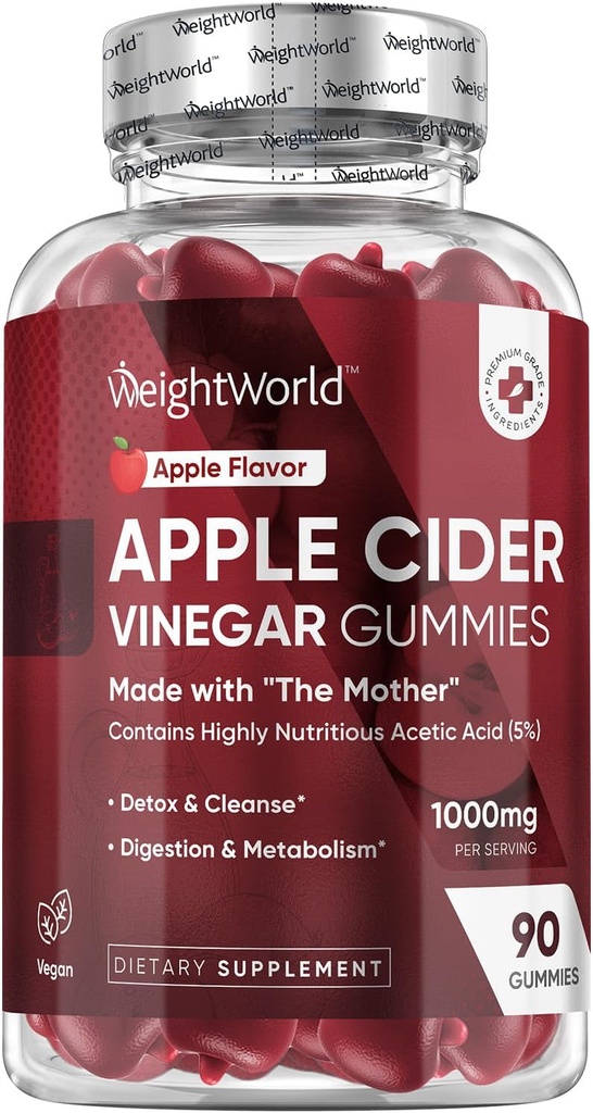 WeightWorld Apple Cider Vinegar Gummies with The Mother 1000mg - 90 Gummies - Added Vitamin B6, B12, B9 (Folic Acid) & C for Detox, Cleanse, Digestion & Metabolism - Delicious Natural Apple Flavor