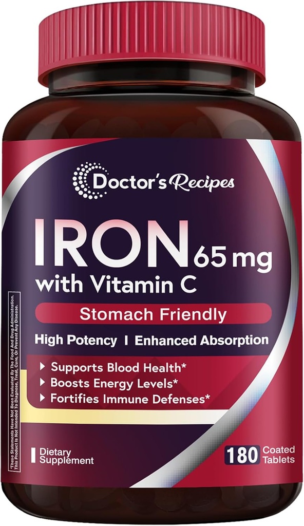 Doctor's Recipes Iron Supplement 65 mg with Vitamin C - Maximized Absorption & Stomach Friendly Iron Pills for Red Blood Cells Formation, Heart, Brain & Immunity Health - Vegan Non-GMO 180 Iron Tabs