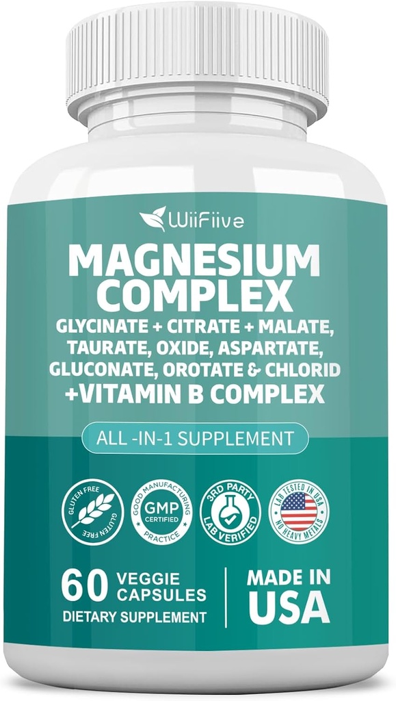 Magnesium Complex Supplement, Clycinate 141mg Oxide 228mg Malate 58.5mg Citrate 62.4mg with Orotate Glycina Taurate Chloride Aspartate Gluconate Vitamin B, Max Absorption, Gluten-Free, Non-GMO
