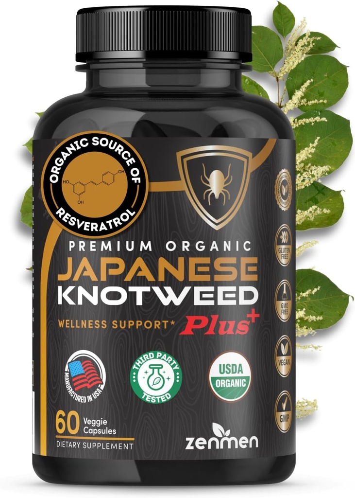 Premium USDA Organic Japanese Knotweed (You Ji Hu Zhang) - 3rd Party Tested - 60 Capsules, Made in USA, GMP Certified - Source of Resveratrol, Supports Immune System, Tick Wellness and Cardiovascular