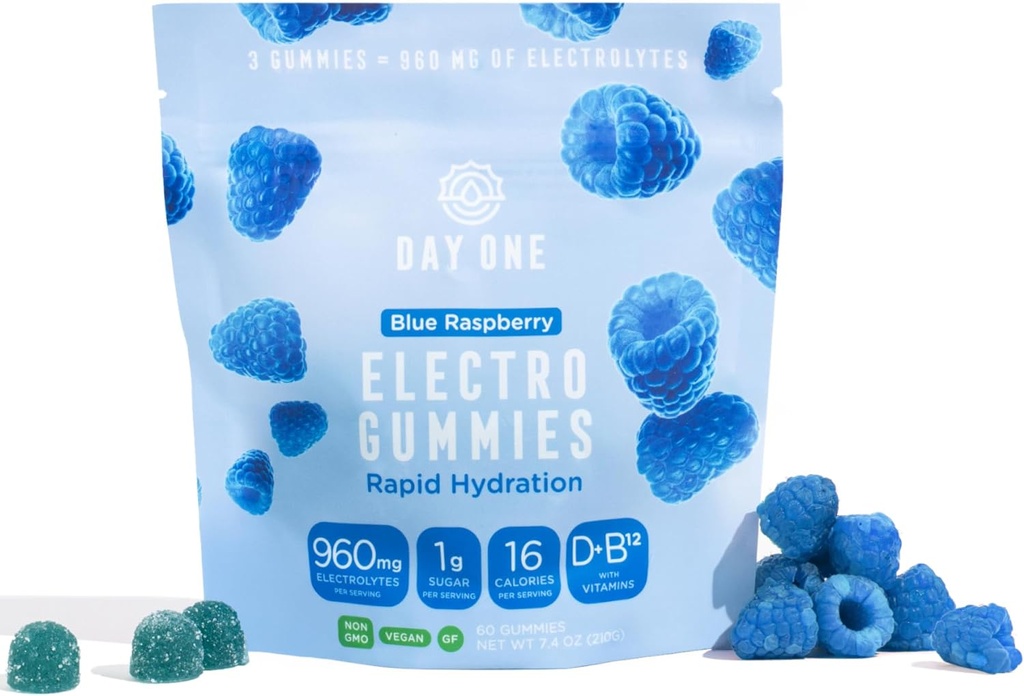 Day One Electrogummies - 60pcs of Blue Raspberry Flavored Electrolyte Gummies for Hydration and Recovery - Packed with Essential Electrolytes Ideal for Workouts, Running, Hiking and More