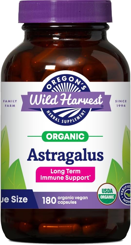 Oregon's Wild Harvest Non-GMO Certified Organic Astragalus Capsules Long Term Immune Support Herbal Supplements-180 Count