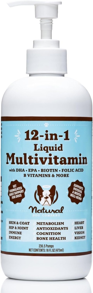 Natural Dog Company Liquid Multivitamin for Dogs, 12-in-1 Senior & Puppy Vitamins and Supplements, Immune and Overall Wellness Support, Skin & Coat, Hip & Joint, 16 oz.