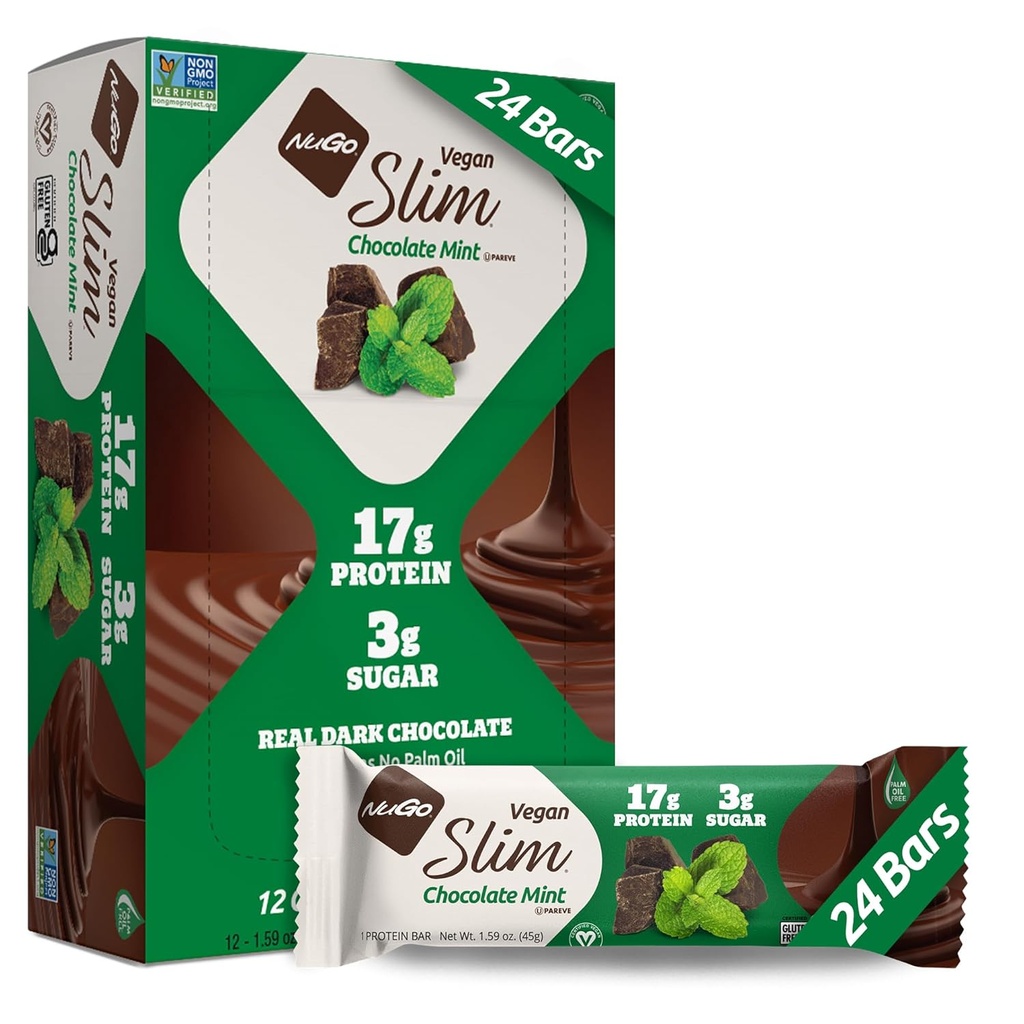 Nugo Slim Dark Chocolate Mint, 18g Vegan Protein, 3g Sugar, 6g Fiber, Low Net Carb, Keto Friendly, Gluten Free, 24 Count