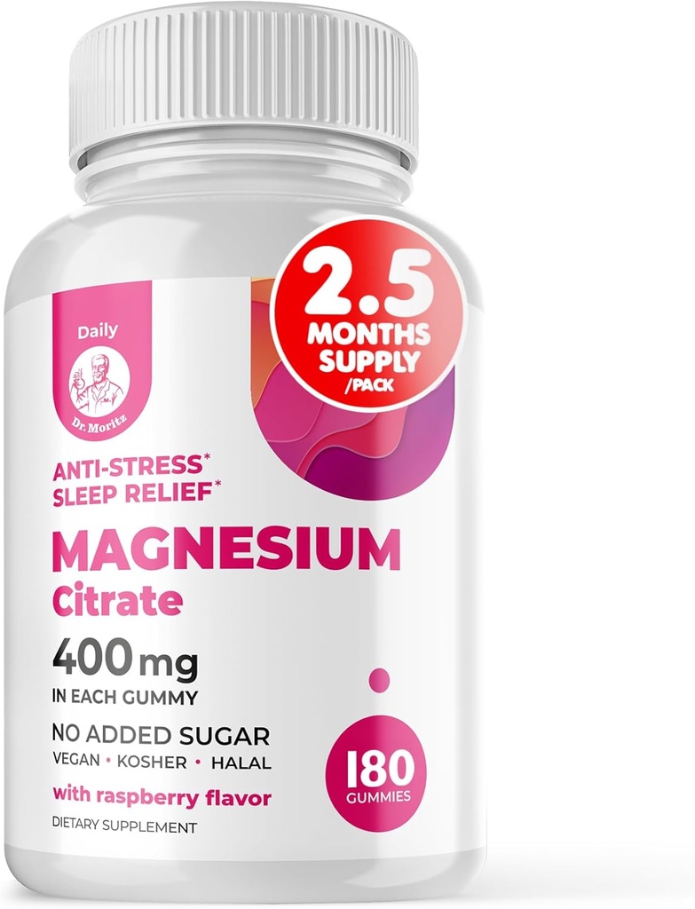 Dr. Moritz Magnesium Gummies for Adults - Low-Sugar 400 mg - Supports restful Sleep- Easy to Chew Adult and Kids Magnesium Citrate Gummies (180 Count) - Raspberry Flavored