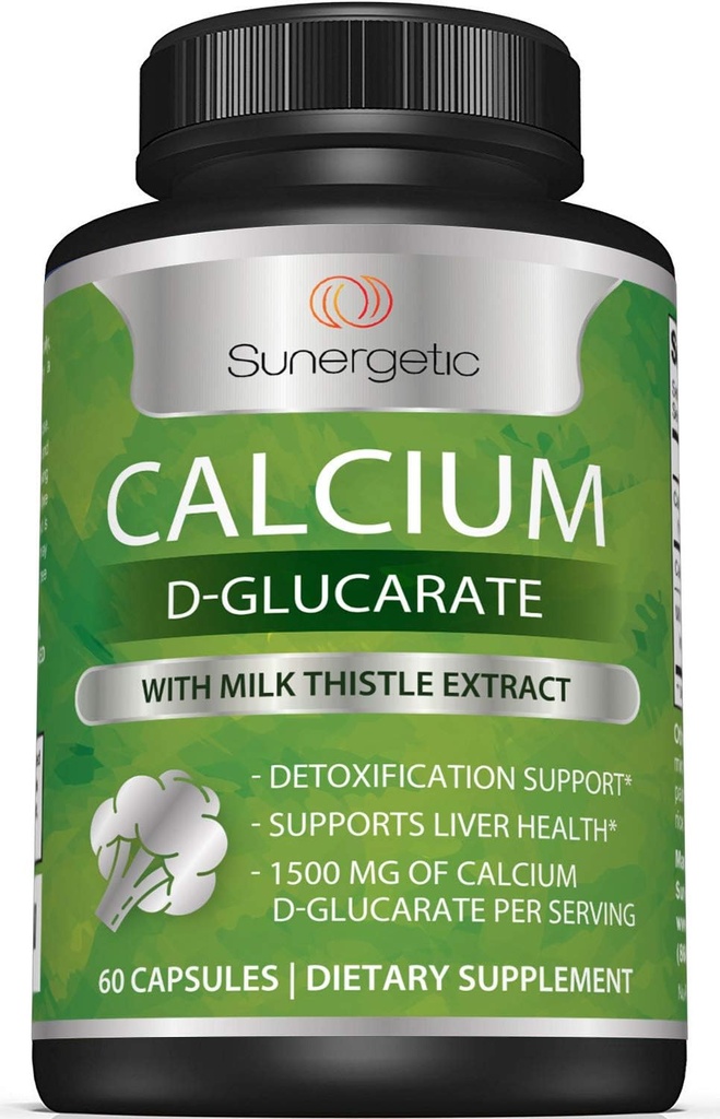 Sunergetic Premium Calcium D-Glucarate Supplement with Milk Thistle Extract - Calcium D-Glucarate for Liver Support & Detox Support – 500mg of Calcium D-Glucarate Per Serving – 60 Capsules