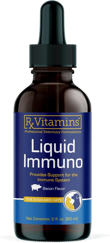 Rx Vitamins Liquid Immuno - with L-Lysine for Cats and Dog Health - Reishi Mushroom Supplement for Dogs & Cat Immune Support - Vitamins and Eye Supplements with Lutein - Bacon (2oz)