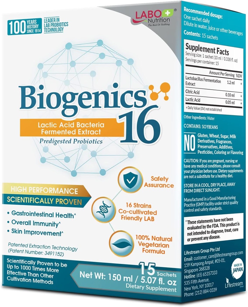 LABO Nutrition Biogenics 16–Lactic Acid Bacteria Fermented Extract, 1000x More Effective, Gut Health Support Beyond Probiotics & Prebiotics, Improve Intestinal Skin and Immune Health, 10mlx15 sachets