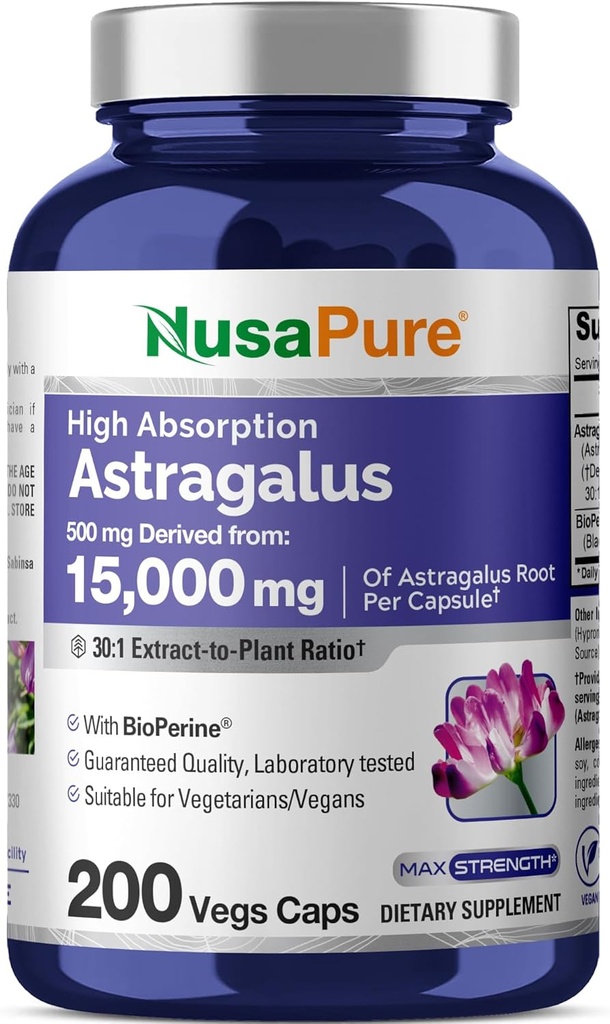 NusaPure Astragalus Root 30:1 Extract, 500 mg Equivalent to 15,000 mg 200 Veg Caps Suitable for Vegetarians and Vegans, Non-GMO