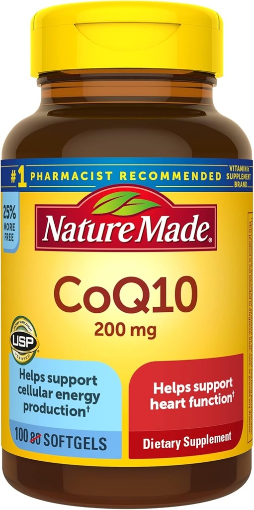 Nature Made CoQ10 200 mg, Dietary Supplement for Heart Health and Cellular Energy Production, 100 Softgels, 100 Day Supply