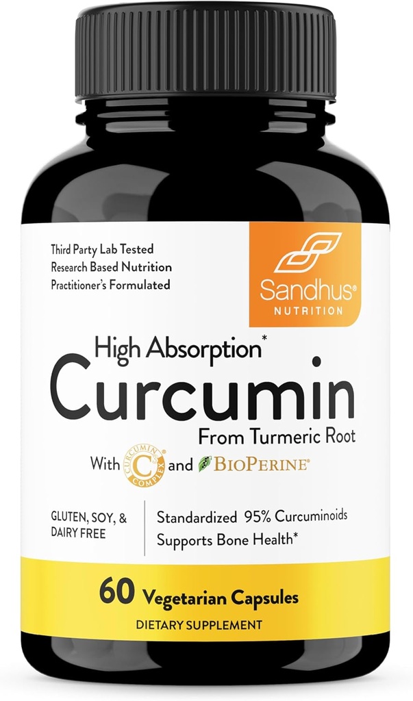 Sandhu's Curcumin C3 Complex with BioPerine 60 Capsules | Non-GMO | High Absorption from Turmeric Root