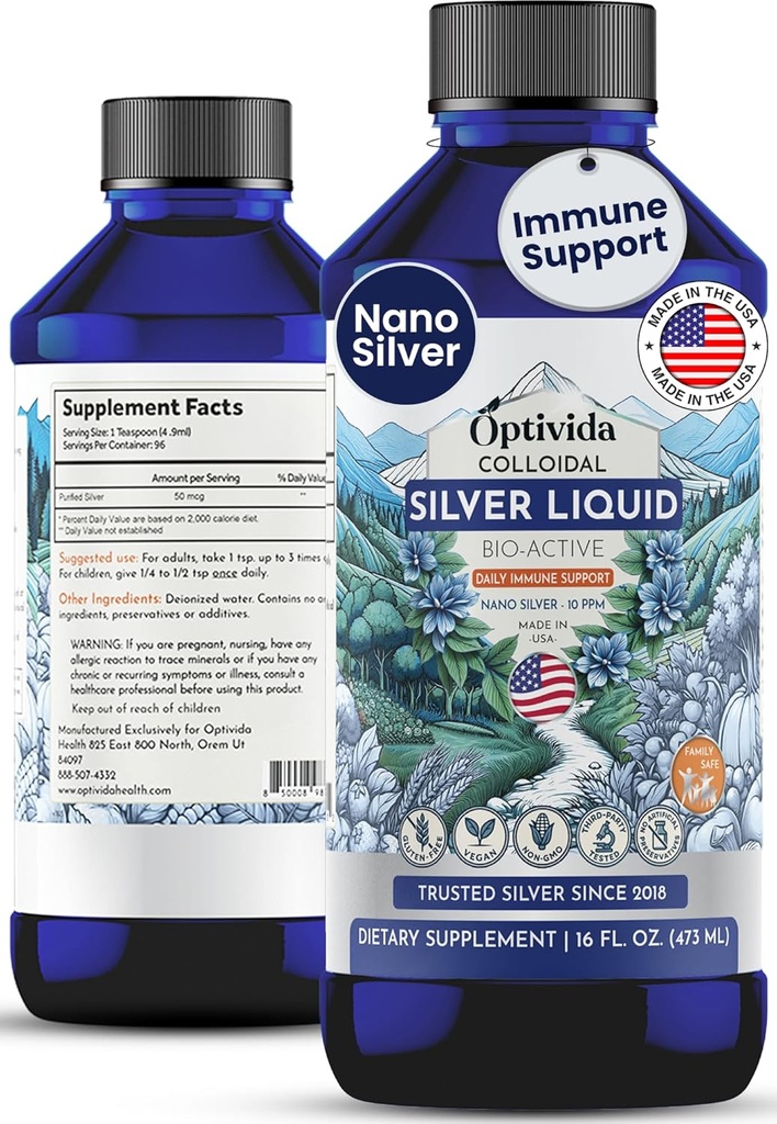 Optivida Colloidal Silver Liquid for Immune Support - Premium 10PPM Nano Silver Hydrosol Liquid Supplement for Daily Wellness, Natural Silver Water for Adults & Kids, Non-GMO, Gluten-Free (16 Oz)
