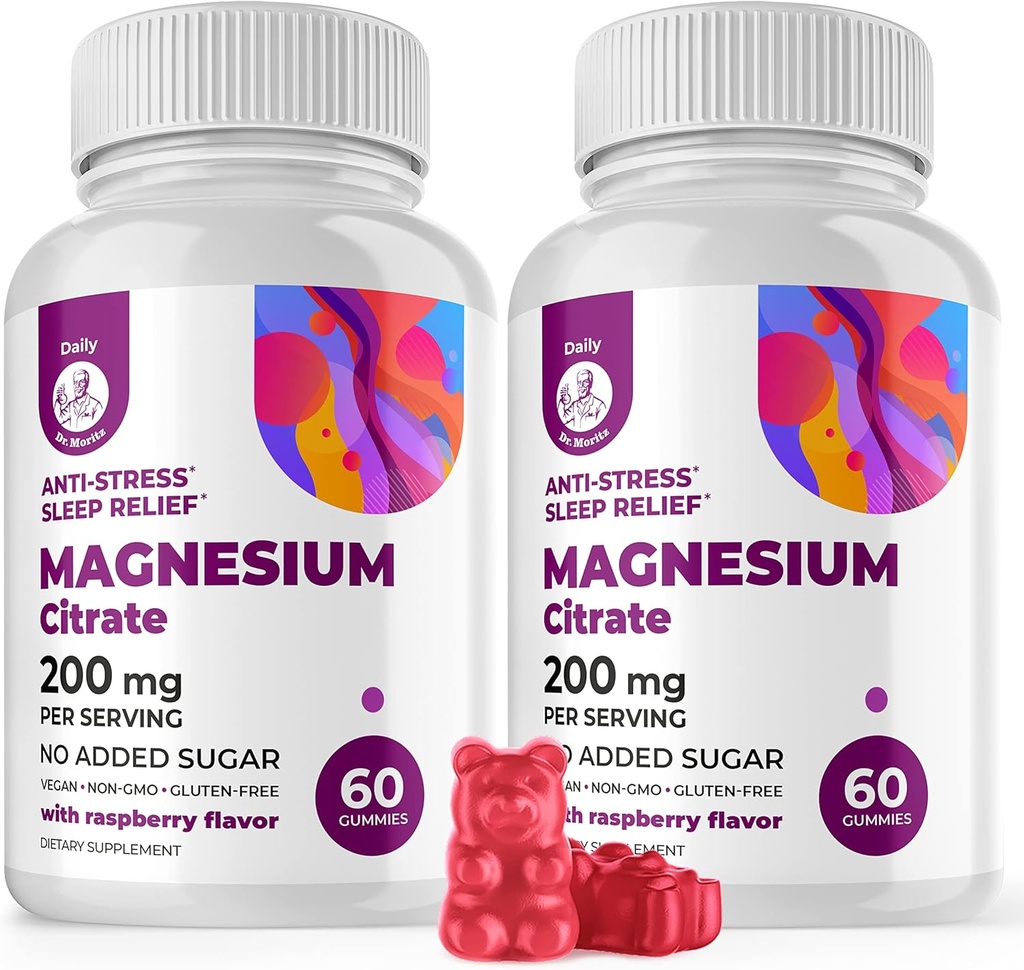 DR. MORITZ Magnesium Gummies for Adults - Sugar-Free Calm Magnesium Gummies - Supports a Healthy Stress Response - Raspberry Flavor - Non-GMO, 200 mg, 2 Pack (120 Count)
