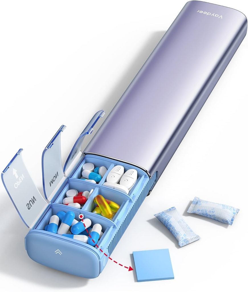 VAYDEER Metal Weekly Pill Organizer – Moisture-Proof Travel Pill Organizer with Built-in Desiccant Chamber and Airtight Lids – Large-Capacity Pill Box for Vitamins, Medicines & Supplements (Purple)