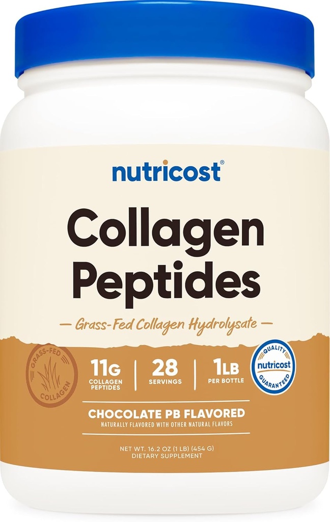 Nutricost Collagen Peptides Powder (Chocolate Peanut Butter Flavored) 1 LB - Grass-Fed Collagen Hydrolysate, Gluten-Free