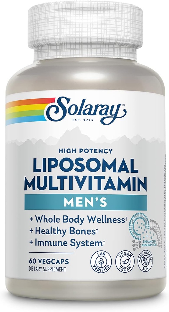 SOLARAY Liposomal Multivitamin for Men, Enhanced Absorption Immune, Energy & Bone Support, Mens Daily Multi Vitamin, BCAAs, Vitamin D3, C, B12, Zinc, Vegan, Soy Free, 30 Serv, 60 VegCaps