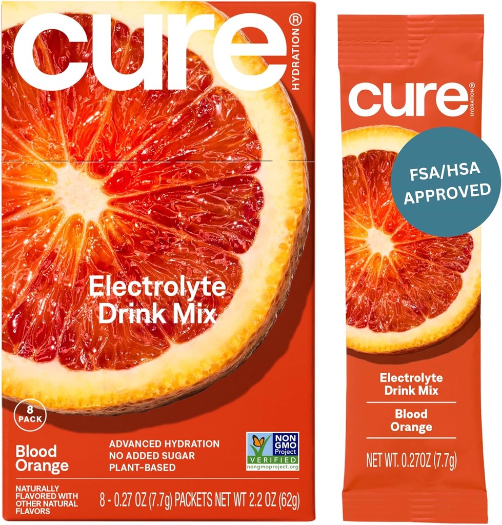 Cure Hydration Plant-Based Electrolyte Drink Mix | No Added Sugar | Dehydration Relief | Coconut Water Powder | FSA-HSA Eligible | Non-GMO, Vegan | 8 Packets – Blood Orange