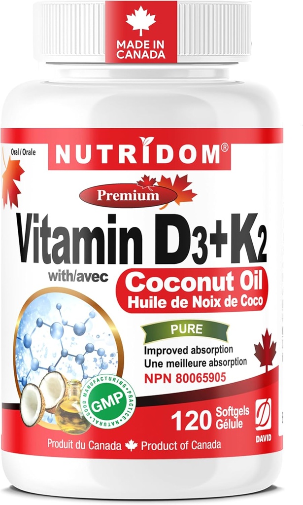 Nutridom Vitamin D3 + K2 with Coconut Oil (120 Softgels)