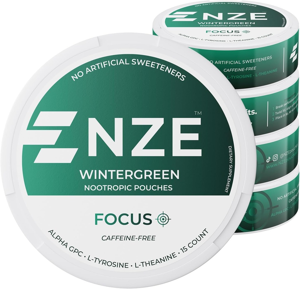 NZE Caffeine Free Nootropic Pouches (Wintergreen) - Nootropic Pouches with Alpha GPC, L-Tyrosine & L-Theanine - No Sugar or Artificial Sweeteners - 15 Pouches Per Can - 5 Pack