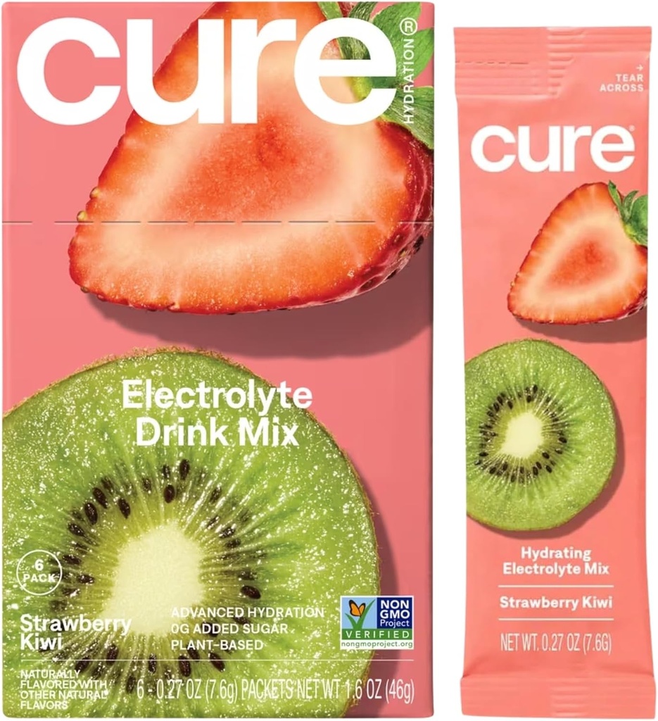 Cure Hydration Plant-Based Electrolyte Drink Mix | No Added Sugar | Dehydration Relief | Coconut Water Powder | FSA-HSA Eligible | Non-GMO, Vegan | 8 Packets – Strawberry Kiwi