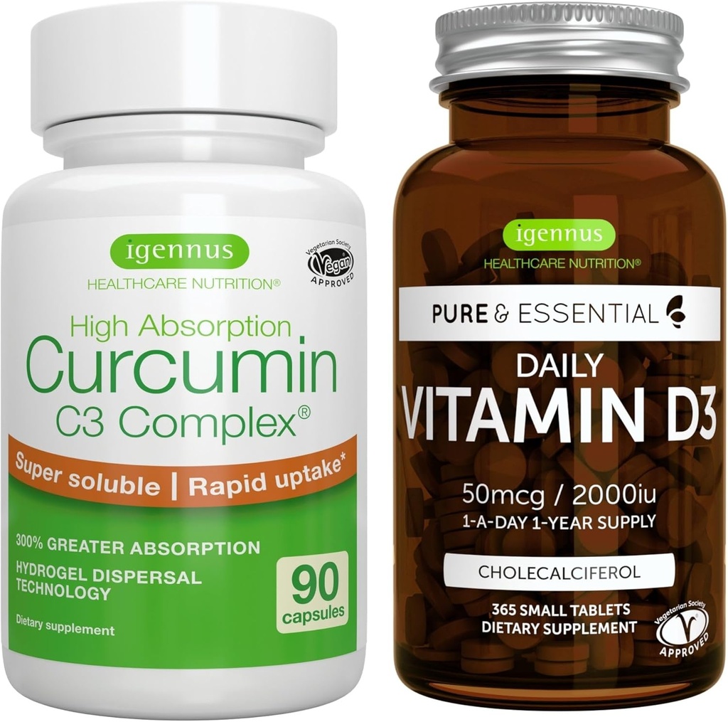 Daily Vitamin D3 + High Absorption Curcumin C3 Complex, Vegetarian Bundle, 365 2000iu Vitamin D3 Tablets + 300% Greater Absorption Curcuminoids with Rapid Uptake, by Igennus