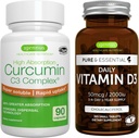 Daily Vitamin D3 + High Absorption Curcumin C3 Complex, Vegetarian Bundle, 365 2000iu Vitamin D3 Tablets + 300% Greater Absorption Curcuminoids with Rapid Uptake, by Igennus