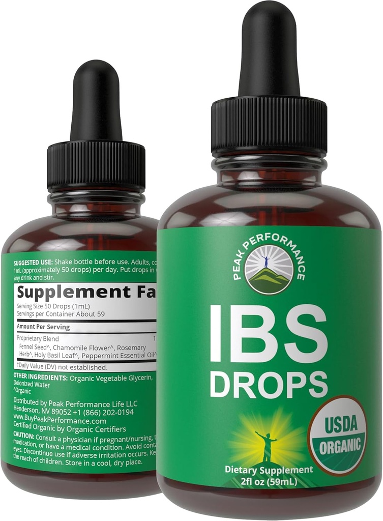 USDA Organic IBS Relief 5-In-1 Liquid Drops. For Ingestion, Bloating, Gas. Irritable Bowel Supplement With 5 Organic Ingredients. Peppermint Oil, Fennel Seed, Chamomile Flower, Rosemary, Holy Basil
