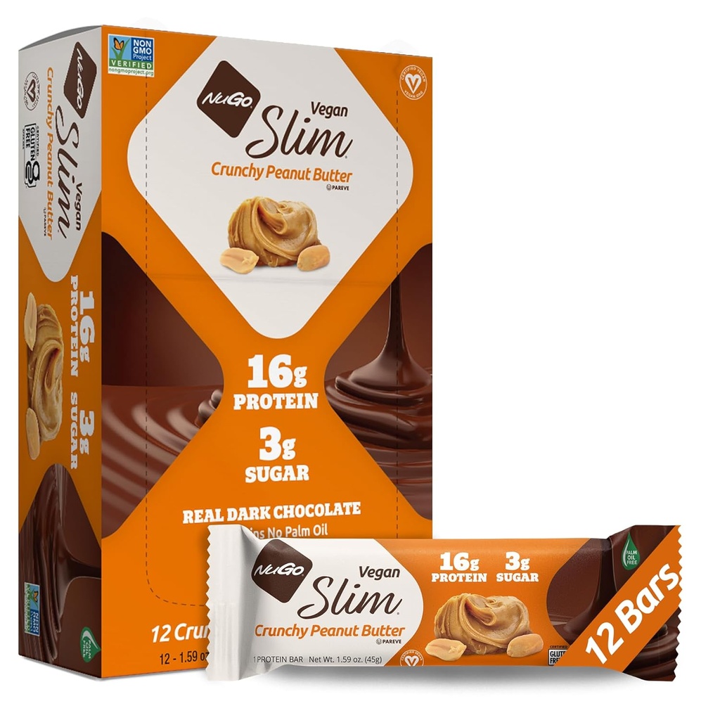 NuGo Slim Dark Chocolate Crunchy Peanut Butter, 17g Vegan Protein, 3g Sugar, 7g Fiber, Low Net Carb, Keto Friendly, Gluten Free, 12 Count