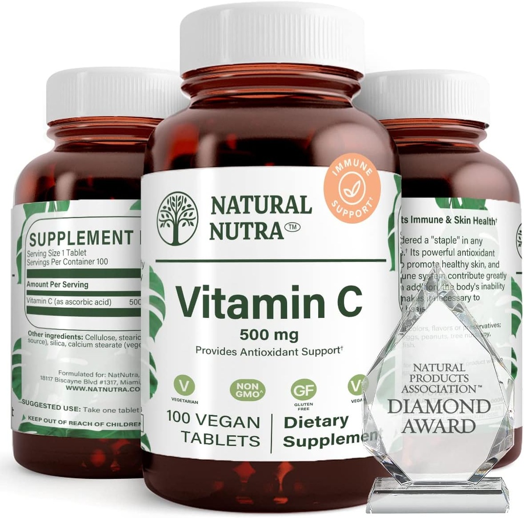 Natural Nutra Vitamin C Supplement 500 mg, Boost Immune System, Promotes Heart Health, Help Regulate Metabolism, Help Promotes Fluid Regulation and Skin Texture, Overall Body Health, 100 Vegan Tablet