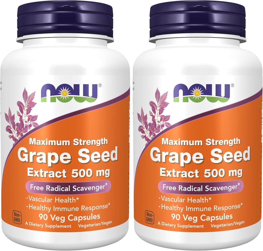 NOW Supplements, Grape Seed Extract, Maximum Strength 500 mg (a Highly Concentrated Extract with a Minimum of 90% Polyphenols), 90 Veg Capsules, Red/Brown, 0.25 pounds (Pack of 2)