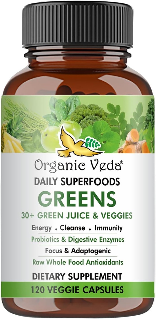 Organic Veda Superfoods Greens Capsules - 30+ Super Green Juice and Veggies Supplement with Moringa, Matcha, Spirulina, Chlorella, Turmeric - Antioxidants, Probiotics & Digestive Enzymes - 120 ct