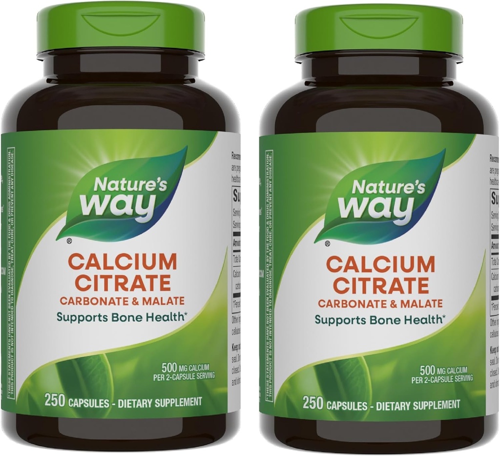 Nature's Way Calcium Citrate, 500 mg Calcium per 2-Capsule Serving, for Bone Health & Muscle Function*, Blend of Citrate, Carbonate & Malate, Gluten Free, 250 Capsules (Packaging May Vary) - 2 Pack