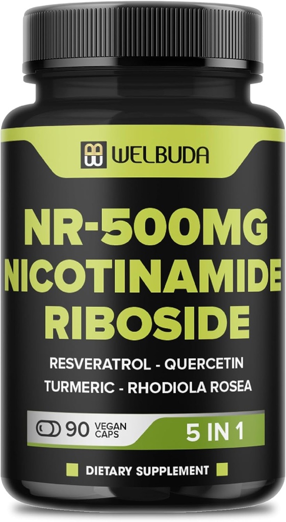 5in1+ Nicotinamide Riboside Supplement with Resveratrol, Quercetin, Turmeric, Rhodiola Rosea - 90 Count for 90 Days