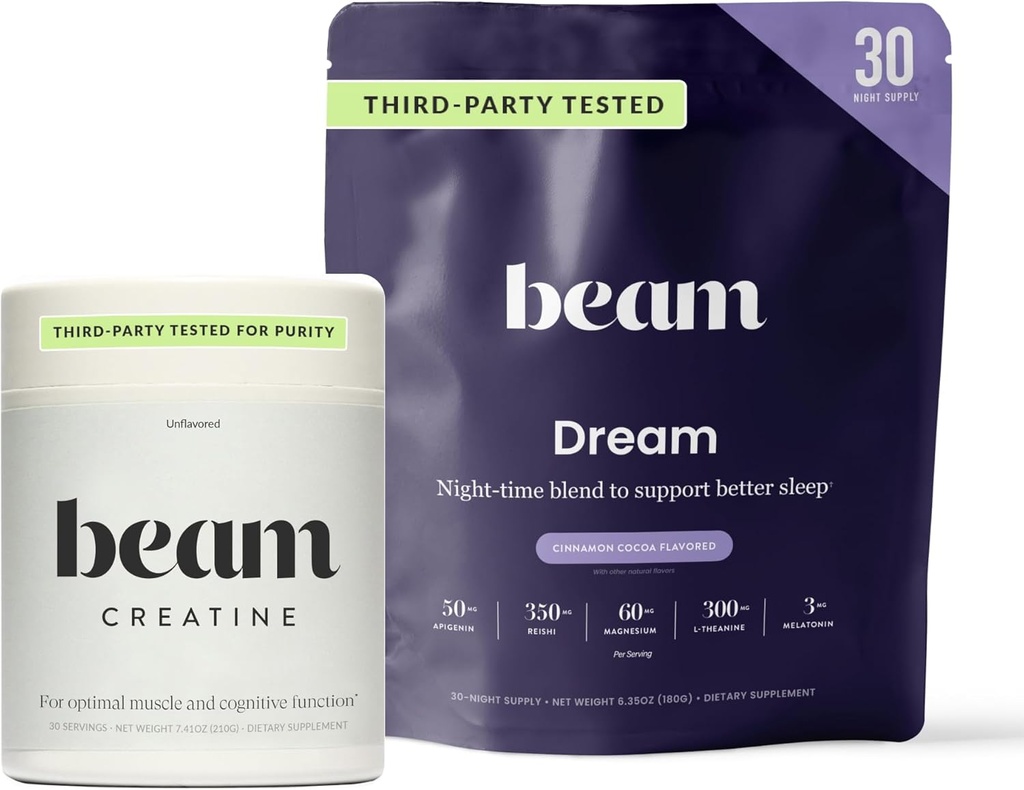 Beam Dream Sleep Powder & Creatine Bundle, Third Party Tested Natural Sleep Aid & Recovery Supplement with Micronized Creatine Monohydrate, Unflavored Pure Creatine Powder for Muscle Strength, Energy