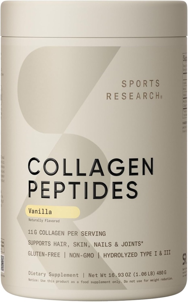 Sports Research Collagen Peptides - Hydrolyzed Type 1 & 3 Collagen Powder Protein Supplement for Healthy Skin, Nails, & Joints - Easy Mixing Vital Nutrients & Proteins, Collagen for Women & Men