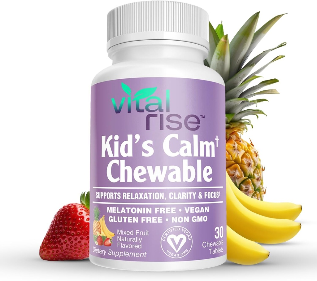 Kids Magnesium Chewable Tablets – Sugar-Free & Melatonin-Free Supplement for Calm, Focus & Healthy Stress Balance with Fast-Absorbing Magnesium + L-Theanine, Mixed Fruit Flavor (30 Count)