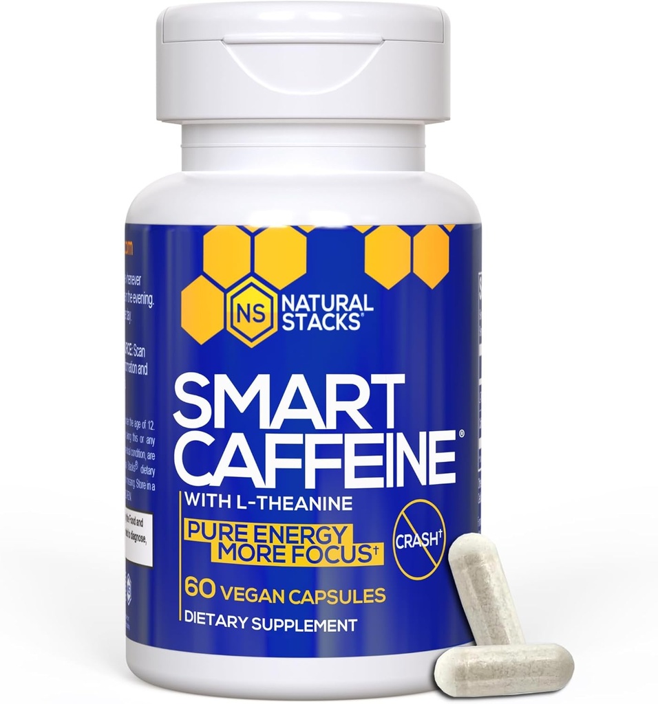 NATURAL STACKS Smart Caffeine Pills - 100mg Caffeine + 200mg L-Theanine Supplement - Supports Energy and Focus - No Jitters and No Crash - 60 Capsules