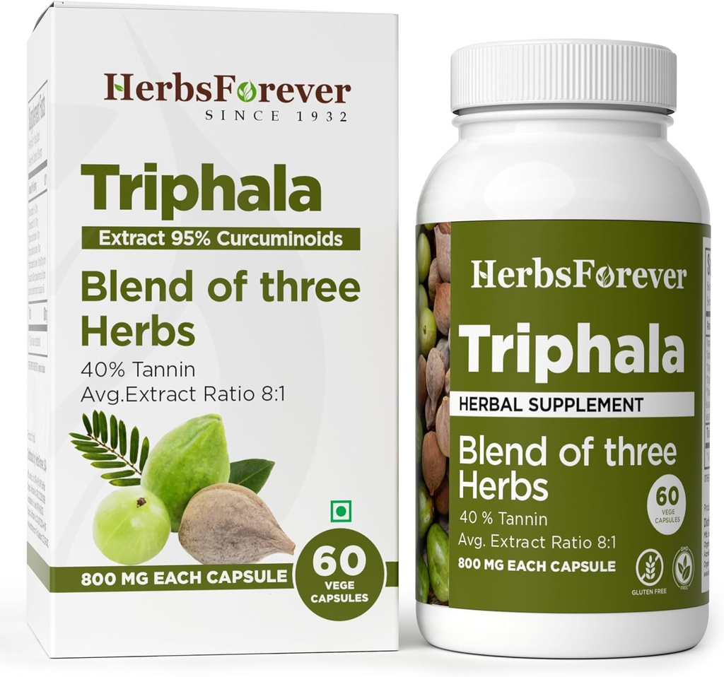Herbsforever Triphala Capsules Extract Ratio (8:1) 40% Amla, Haritaki & Bibhitaki for Daily Detoxifying, Cleansing, & Rejuvenating 60 Vege Capsules