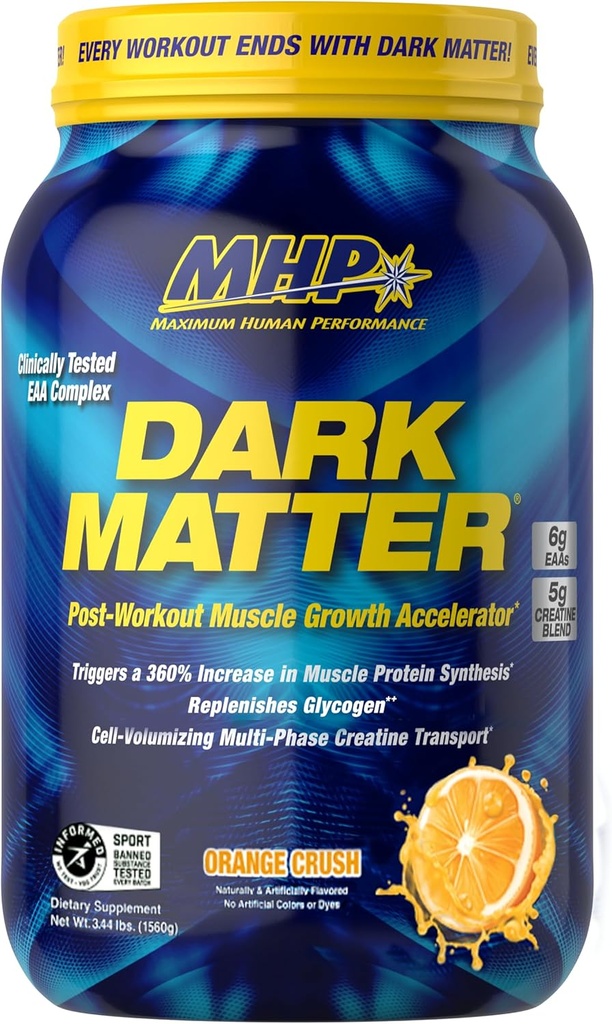 Maximum Human Performance MHP Dark Matter Post Workout, Recovery Accelerator, w/Multi Phase Creatine, Waxy Maize Carbohydrate, 6g EAAs, Orange Crush, 20 Servings, 55 Oz